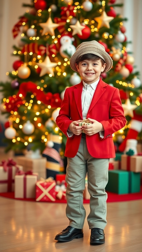 Young boy in a red blazer and white shirt, standing by a Christmas tree with a gift.